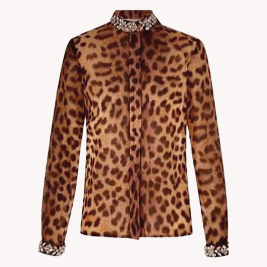 LUXURY SILK ANIMAL PRINT SHIRT WITH DIAMONDS