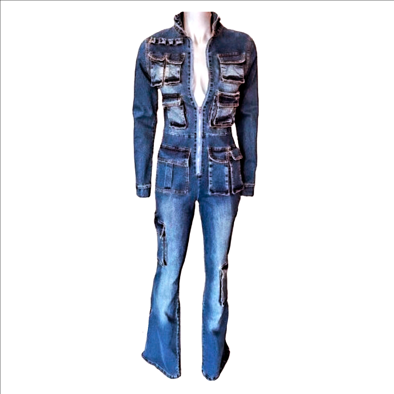 SUPERBE PULL EN DENIM CARGO BLEU