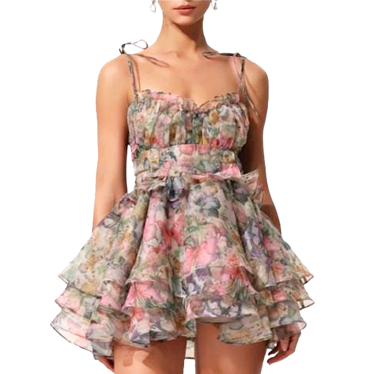 MINI DRESS WITH V-NECKLINE, LACE AND RUFFLES