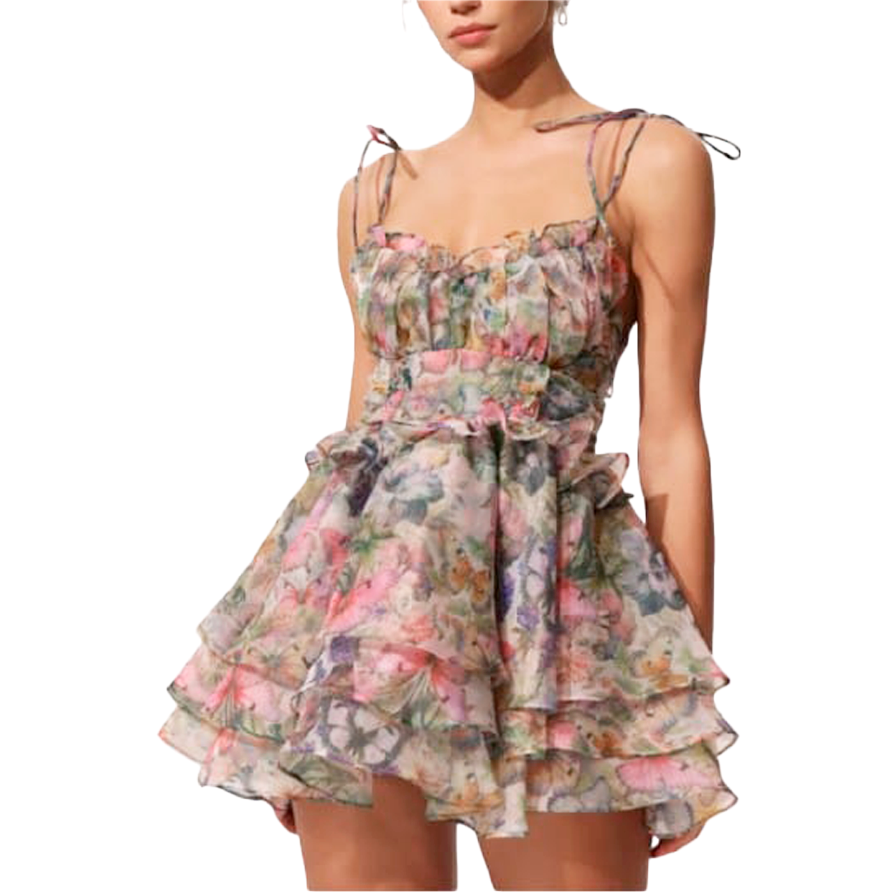 MINI DRESS WITH V-NECKLINE, LACE AND RUFFLES