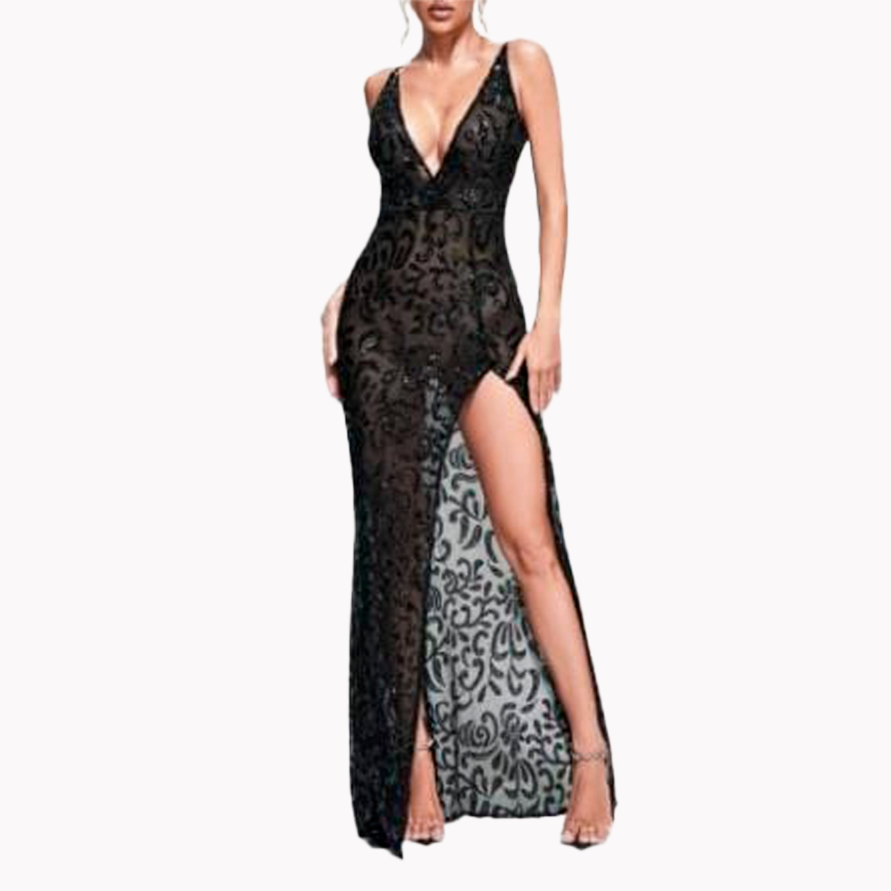 BEADED LACE EVENING GOWN